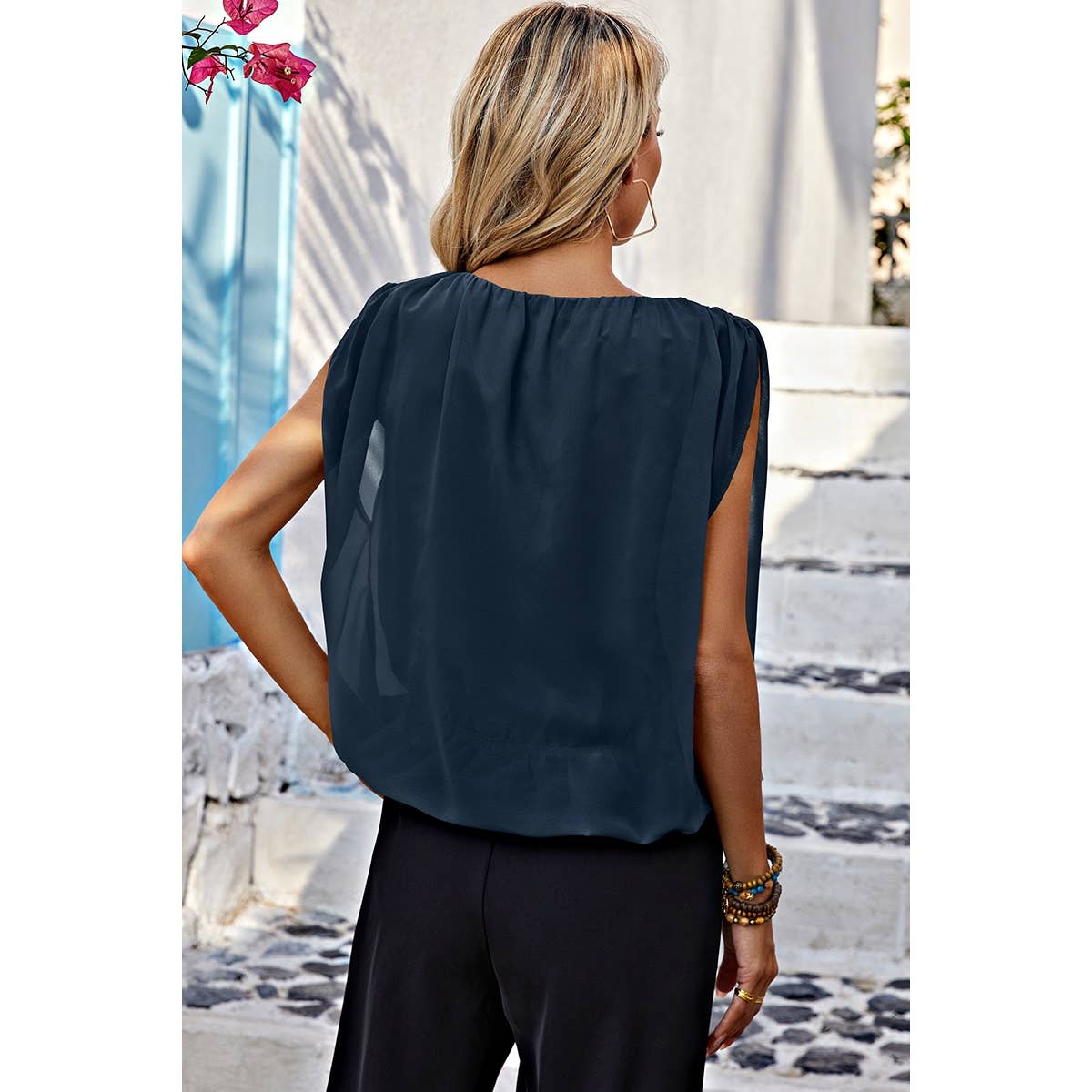 Ruched Sleeveless Loose Fit Solid Round Neck Top