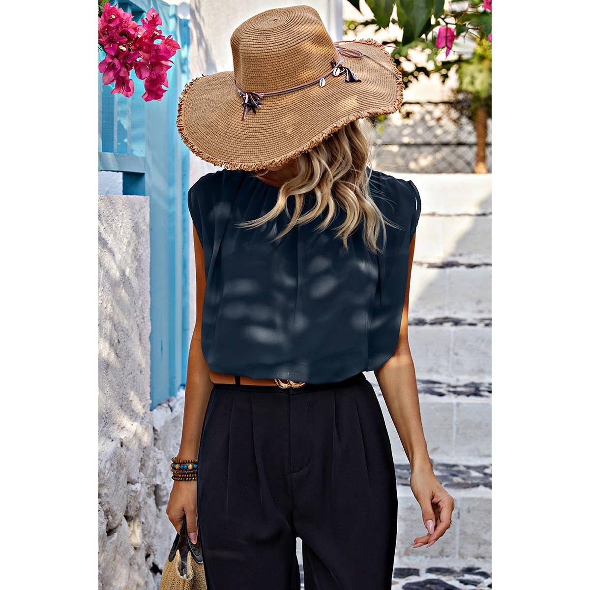 Ruched Sleeveless Loose Fit Solid Round Neck Top