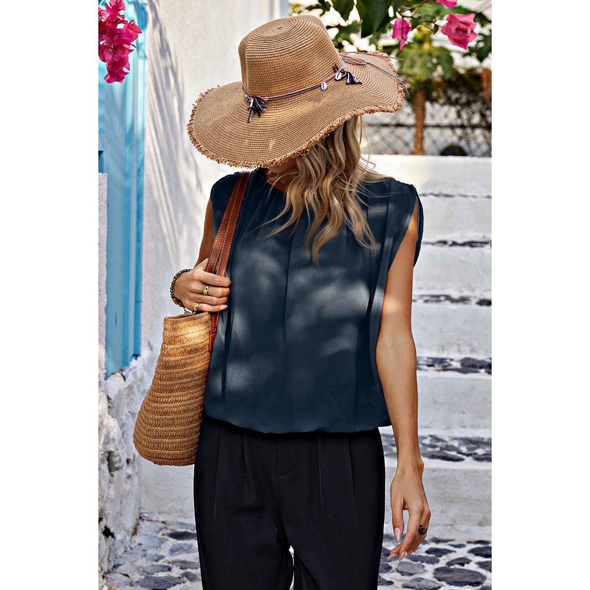 Ruched Sleeveless Loose Fit Solid Round Neck Top