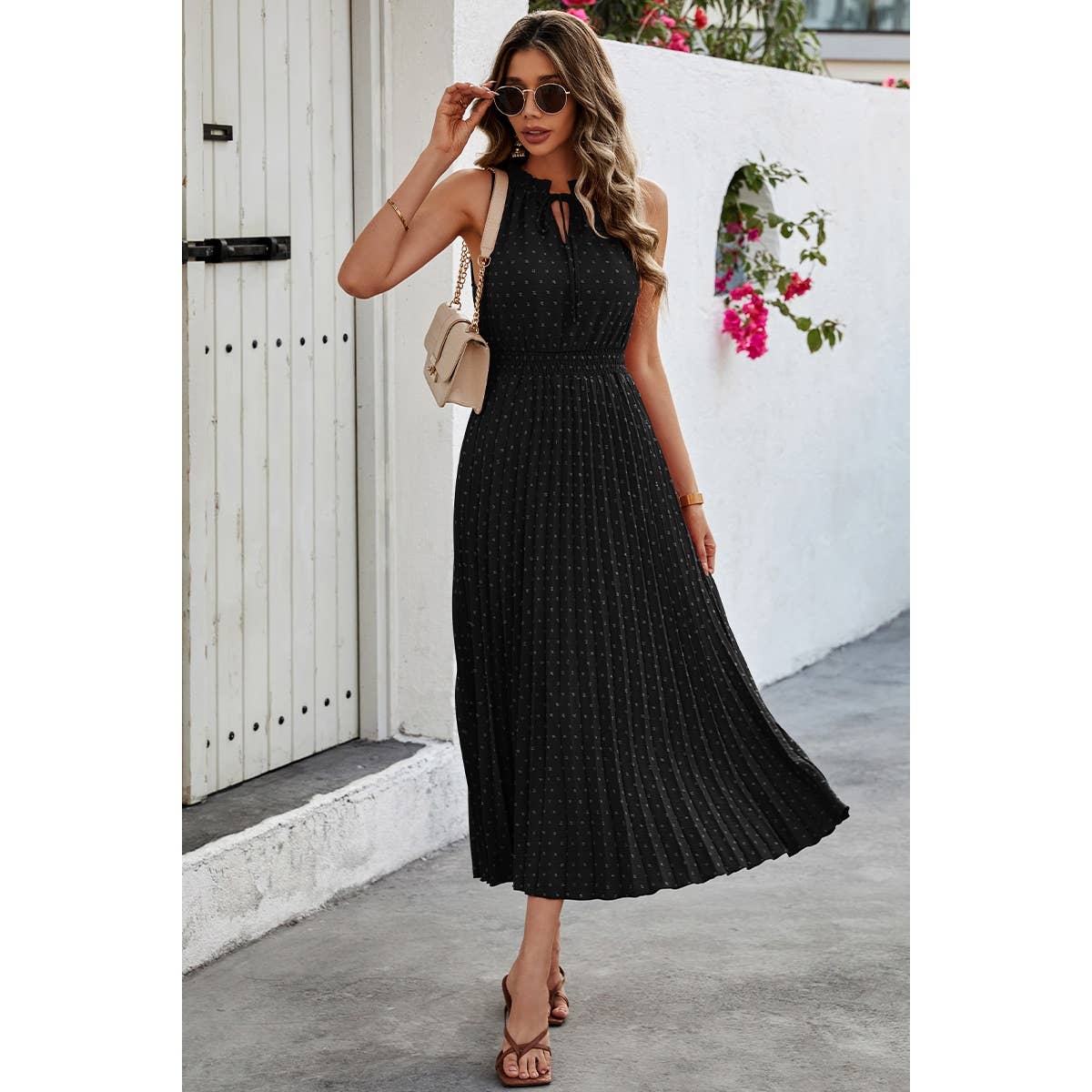 Sleeveless Dot Print Cross Fit Pleated Dress - Elings