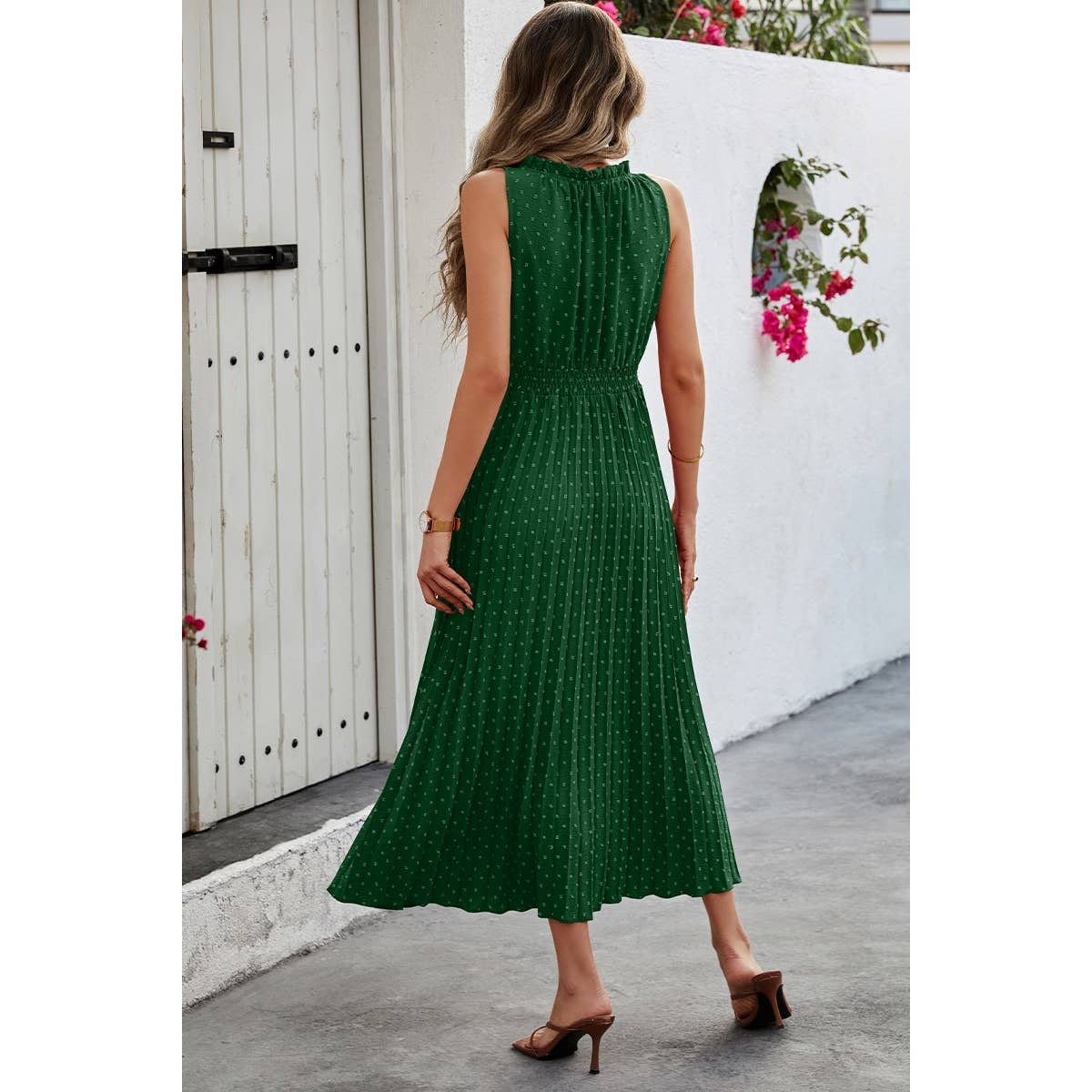 Sleeveless Dot Print Cross Fit Pleated Dress - Elings