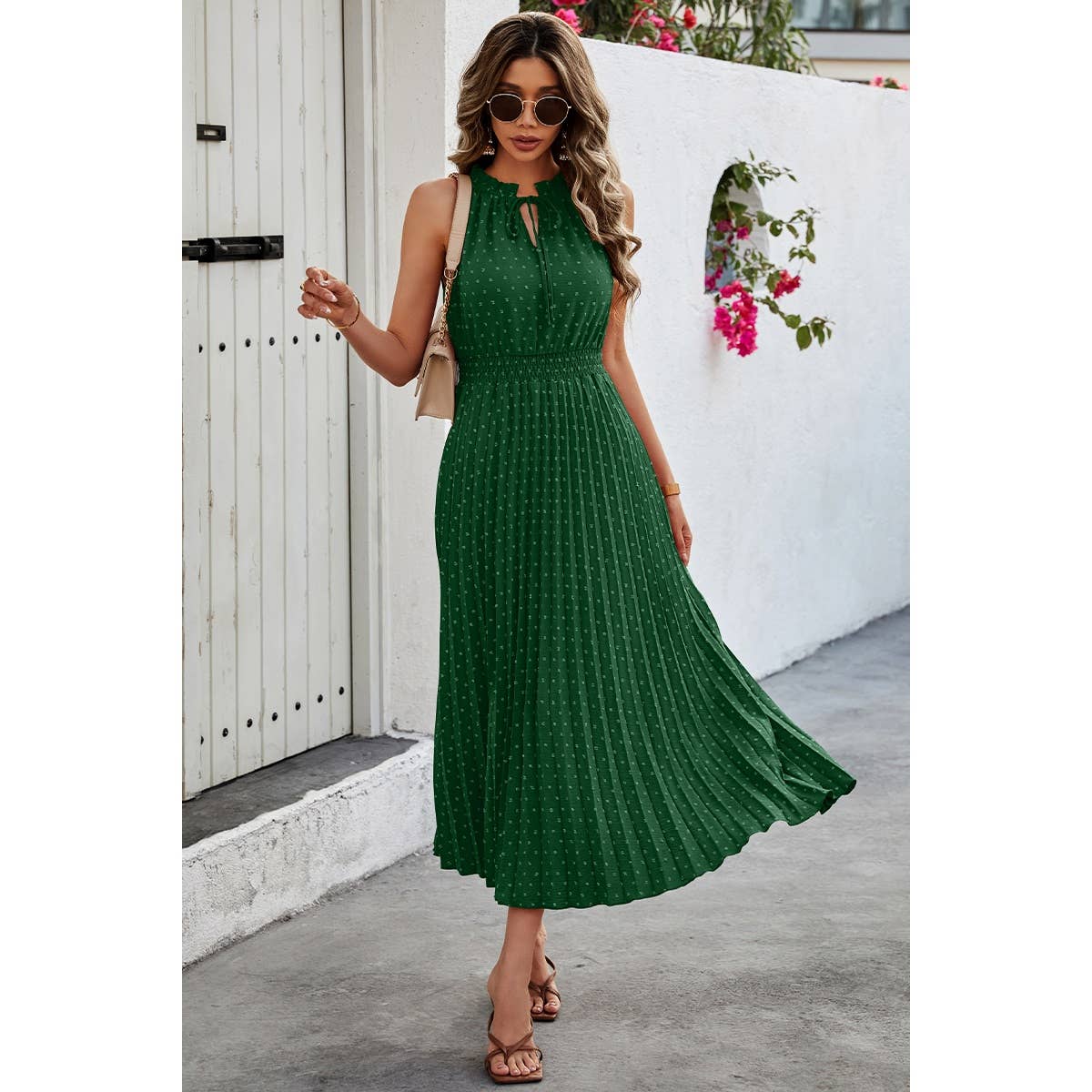 Sleeveless Dot Print Cross Fit Pleated Dress - Elings