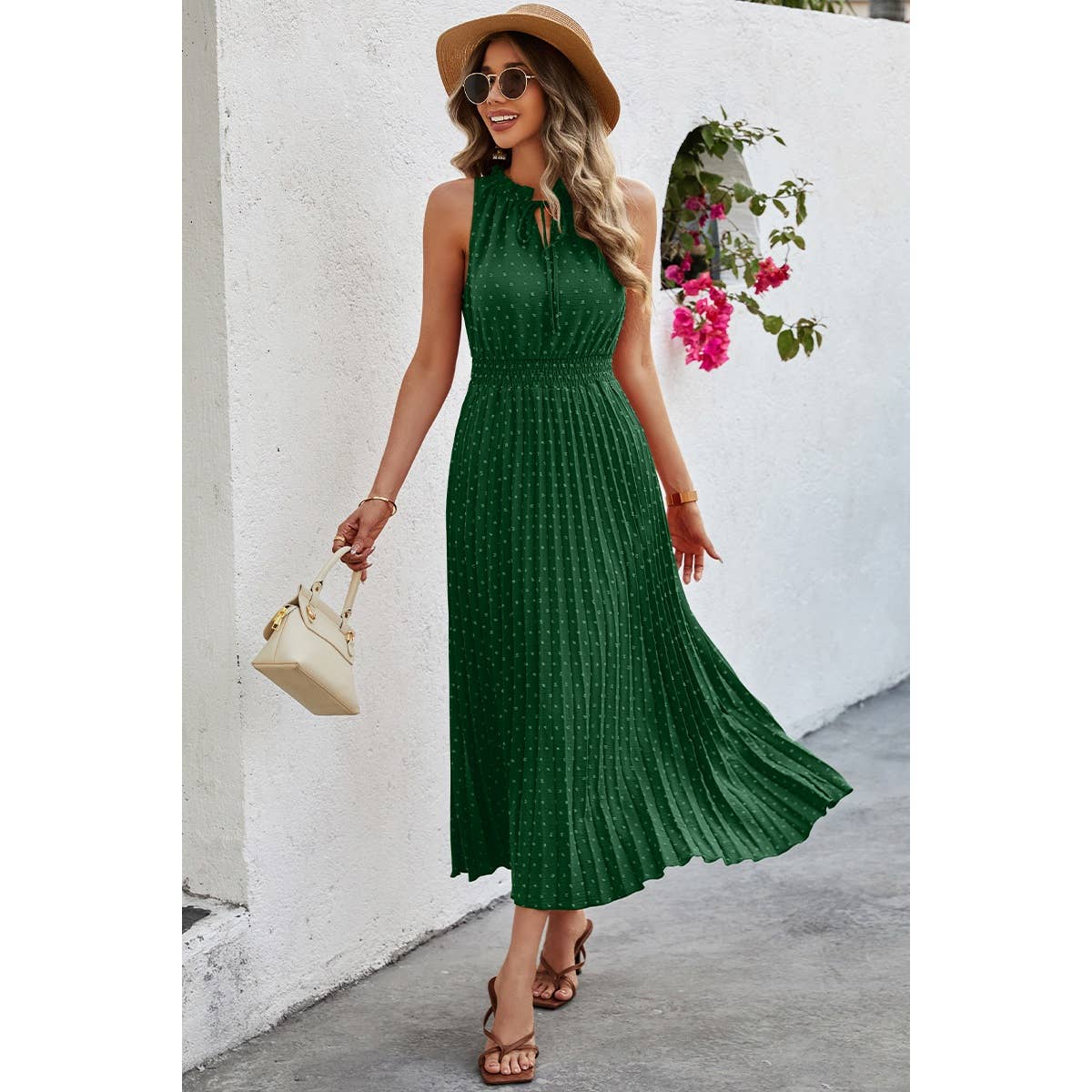 Sleeveless Dot Print Cross Fit Pleated Dress - Elings