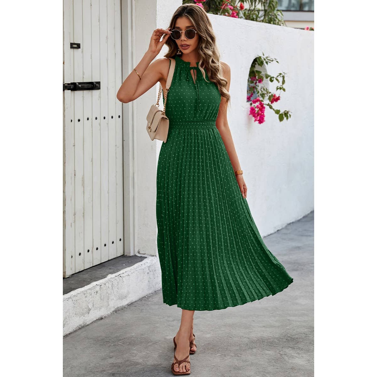 Sleeveless Dot Print Cross Fit Pleated Dress - Elings