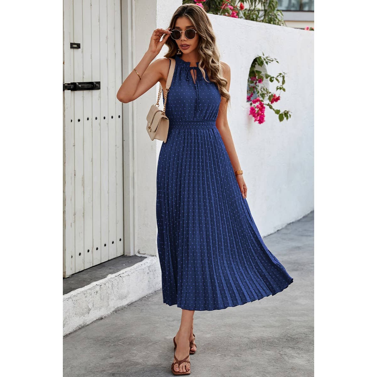 Sleeveless Dot Print Cross Fit Pleated Dress - Elings