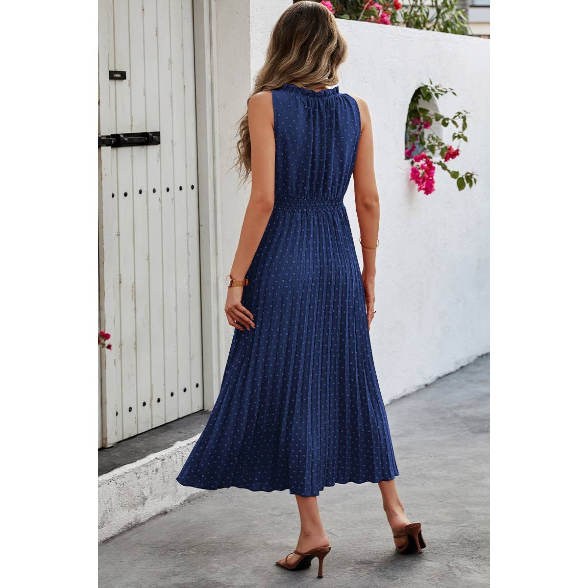 Sleeveless Dot Print Cross Fit Pleated Dress - Elings