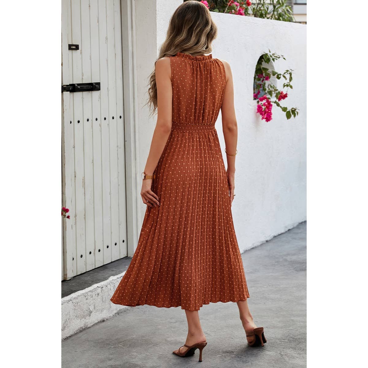 Sleeveless Dot Print Cross Fit Pleated Dress - Elings