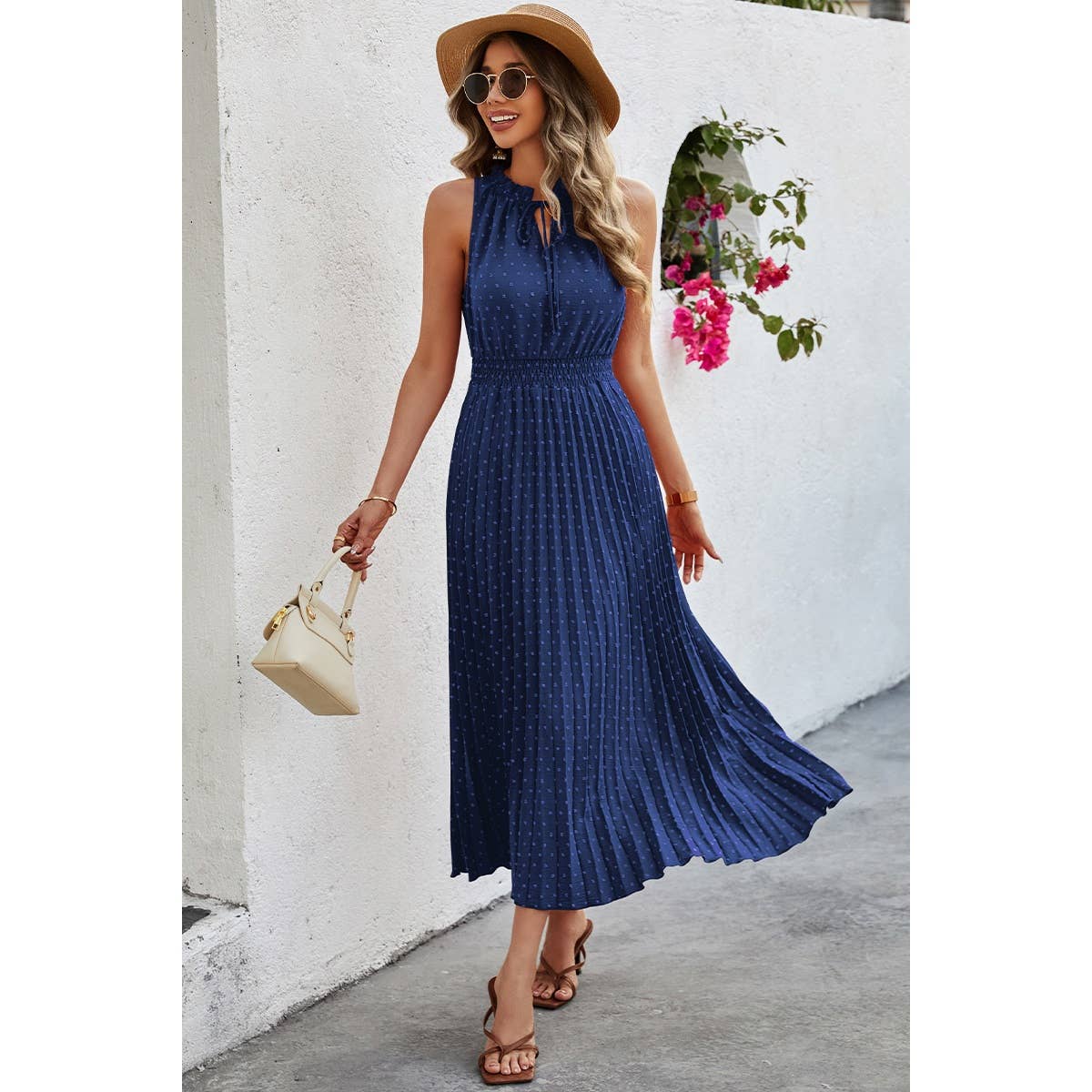 Sleeveless Dot Print Cross Fit Pleated Dress - Elings