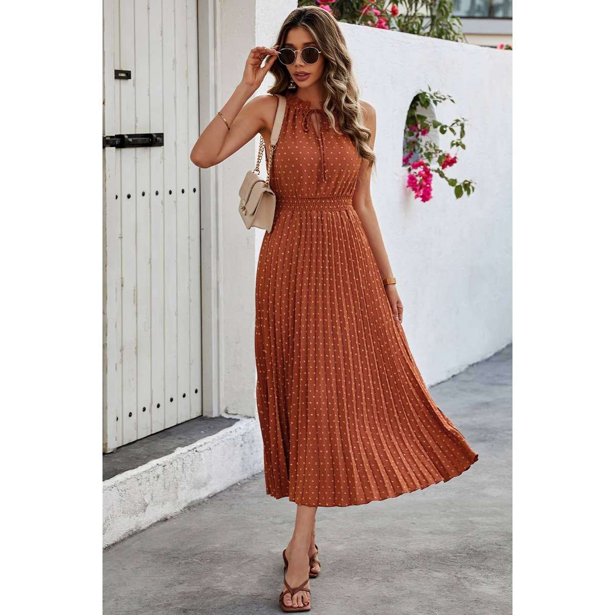 Sleeveless Dot Print Cross Fit Pleated Dress - Elings