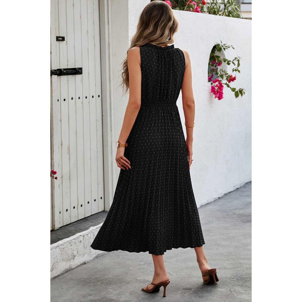 Sleeveless Dot Print Cross Fit Pleated Dress - Elings