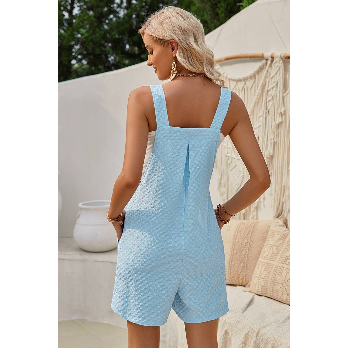 Sleeveless Square Neck Solid Pockets Loose Romper - Elings