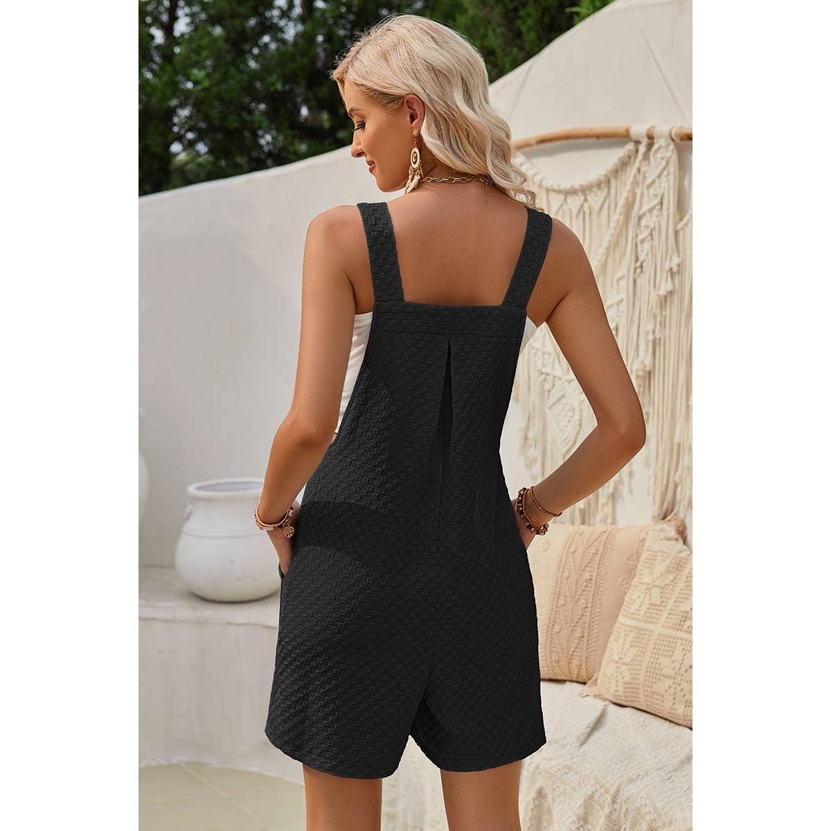 Sleeveless Square Neck Solid Pockets Loose Romper - Elings