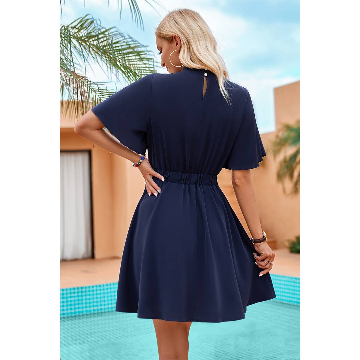 Solid Belt High Neck Belted Skater Dress - Elings