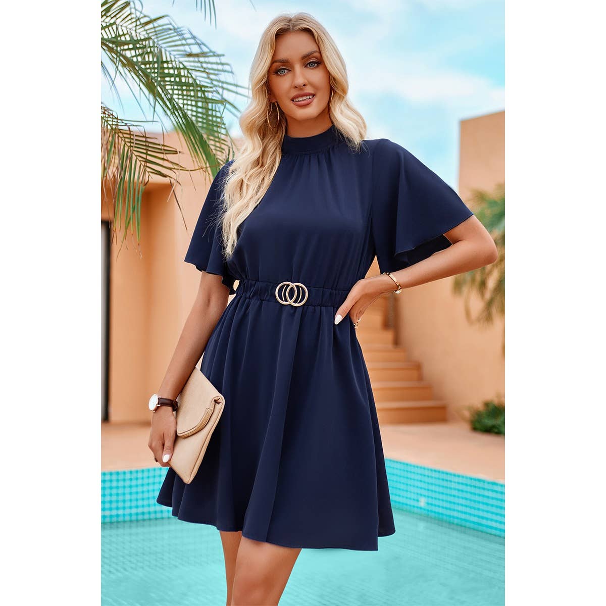 Solid Belt High Neck Belted Skater Dress - Elings