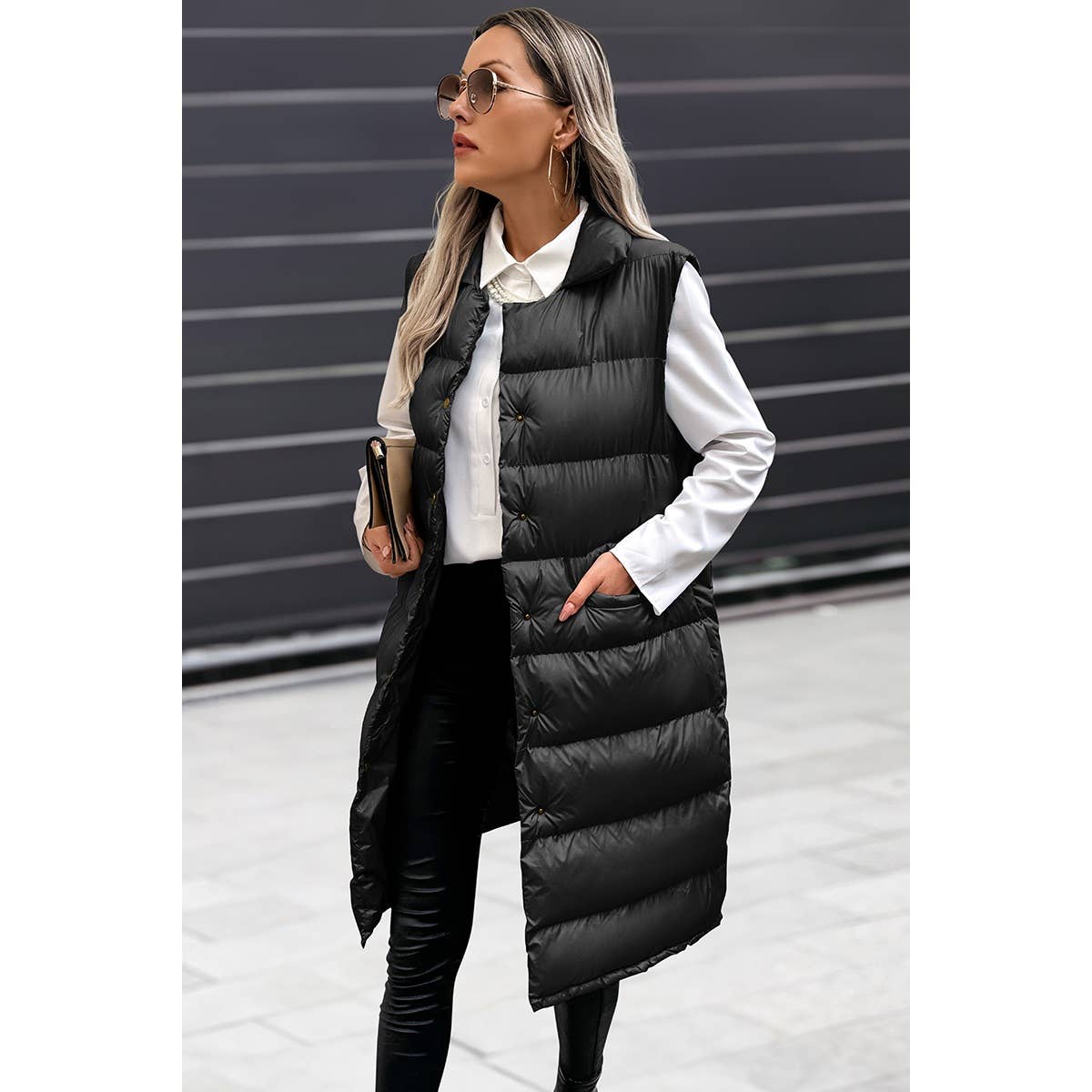 Solid Button Down Puff Vest Padded Jacket