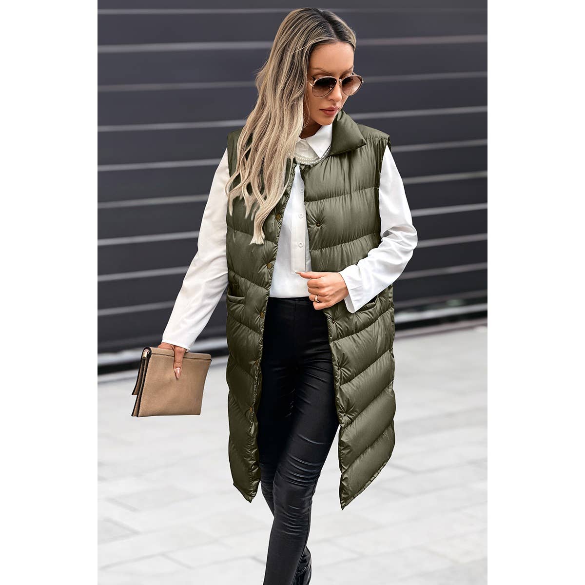 Solid Button Down Puff Vest Padded Jacket