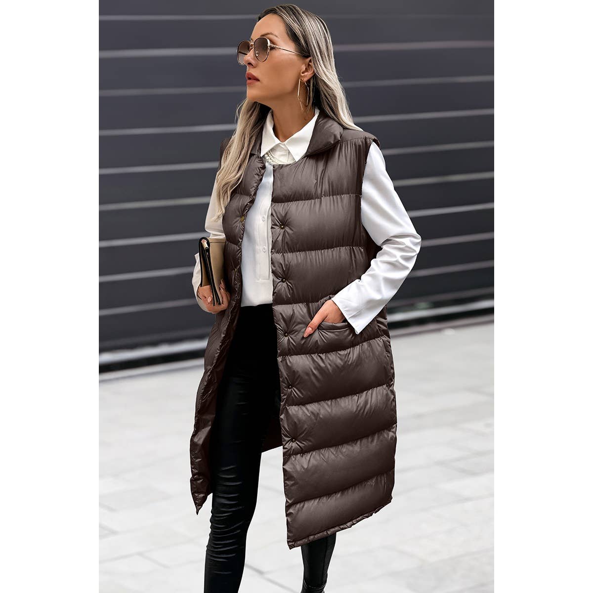 Solid Button Down Puff Vest Padded Jacket