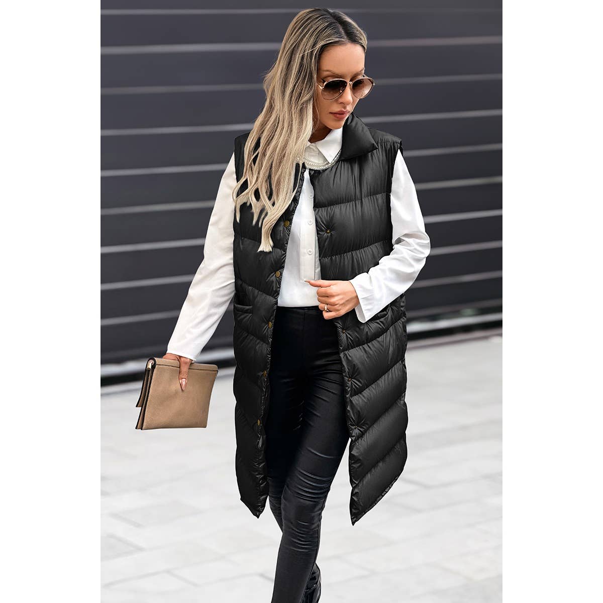 Solid Button Down Puff Vest Padded Jacket
