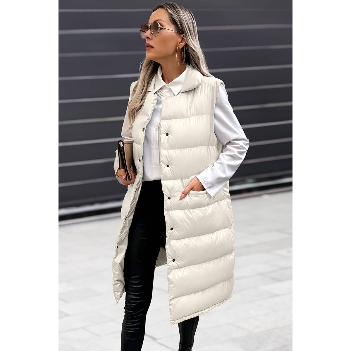 Solid Button Down Puff Vest Padded Jacket