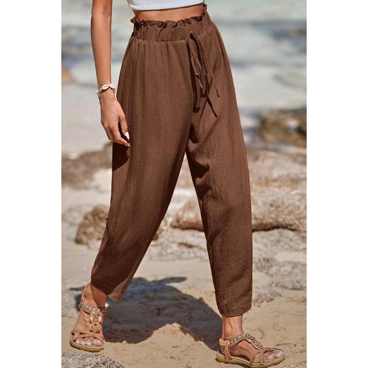 Solid Casual Belt Chiffon Elastic Waist Pants