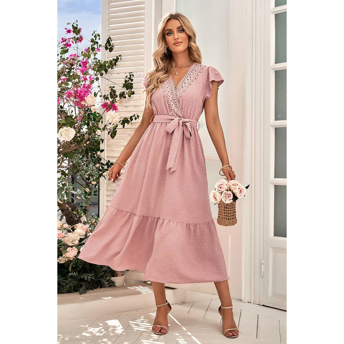 Solid Deep V Dot Lace Belt Long Dress - ELINGS