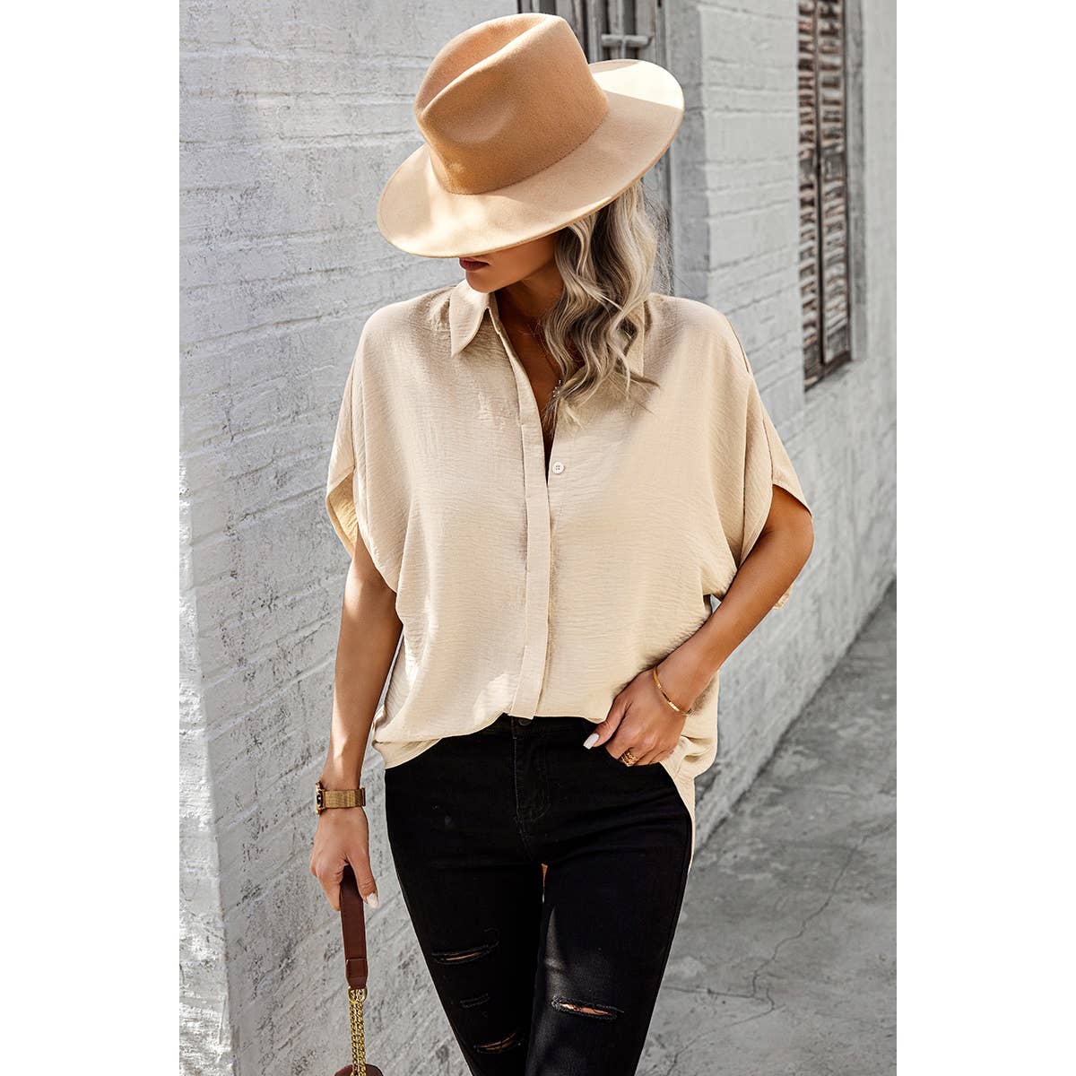 Solid Front Open Button Loose Fit Blouse