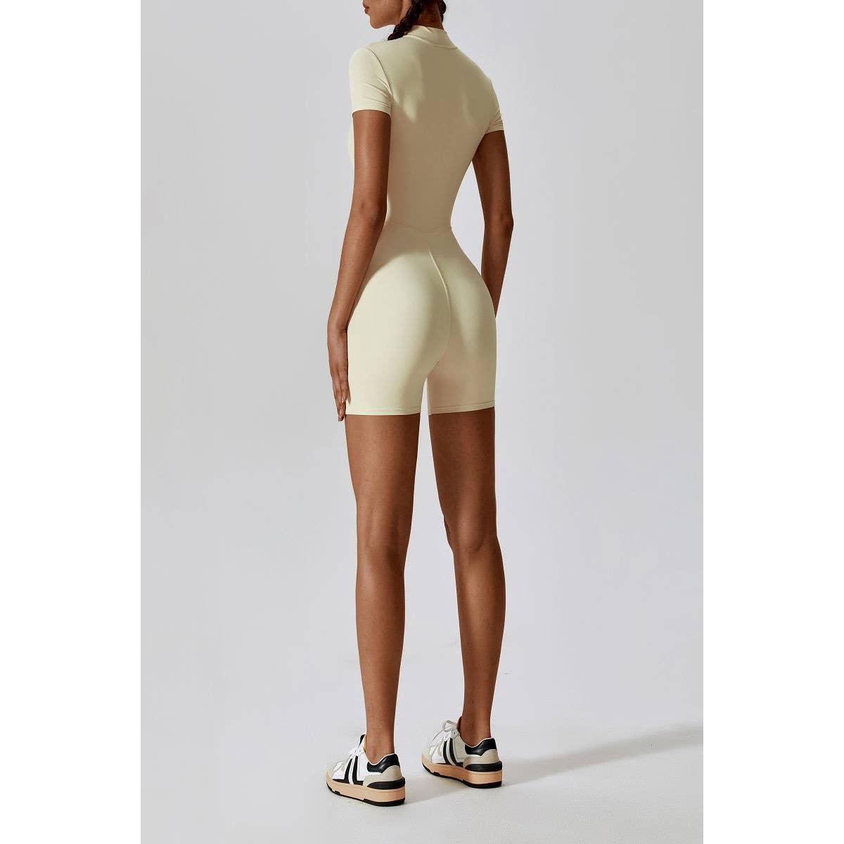 Solid Half Zipper Sculpt Waist Short Sleeve Romper