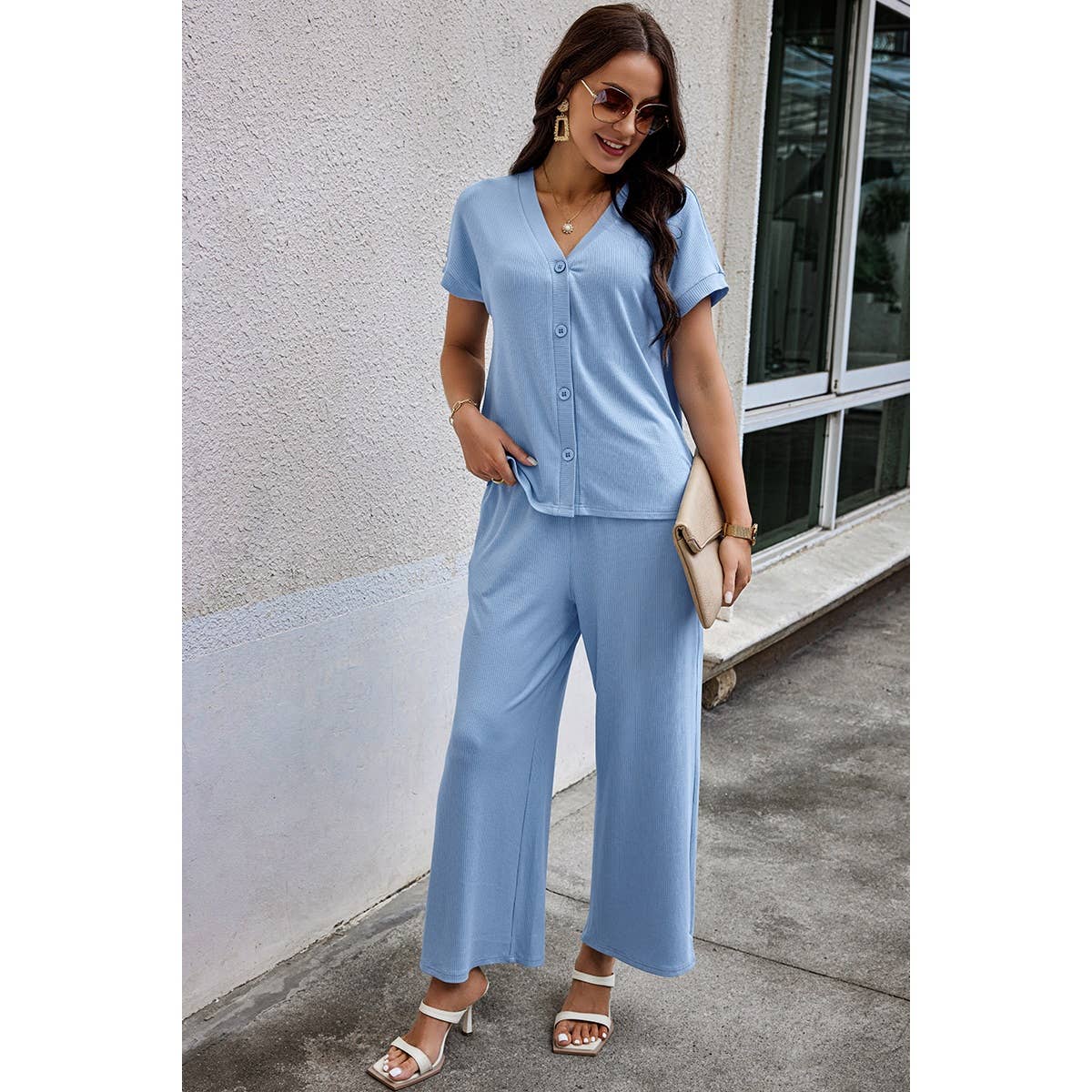 Contemporary Solid Knit Pockets Button Up Two-Piece V Neck Set