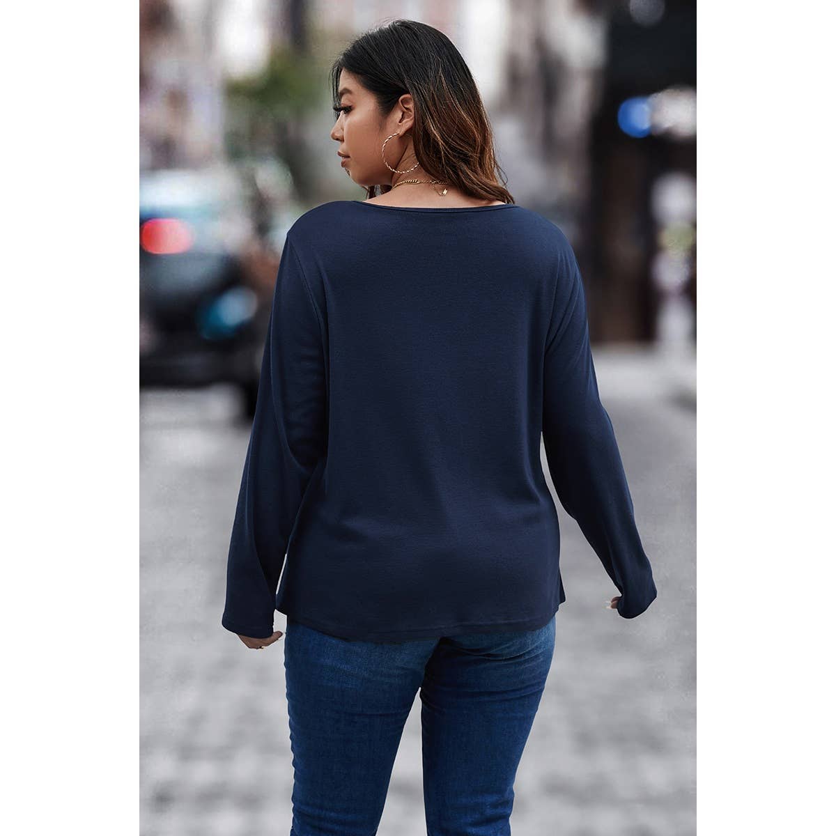 Solid Plus Size Zipper Button Trim Loose Fit Top