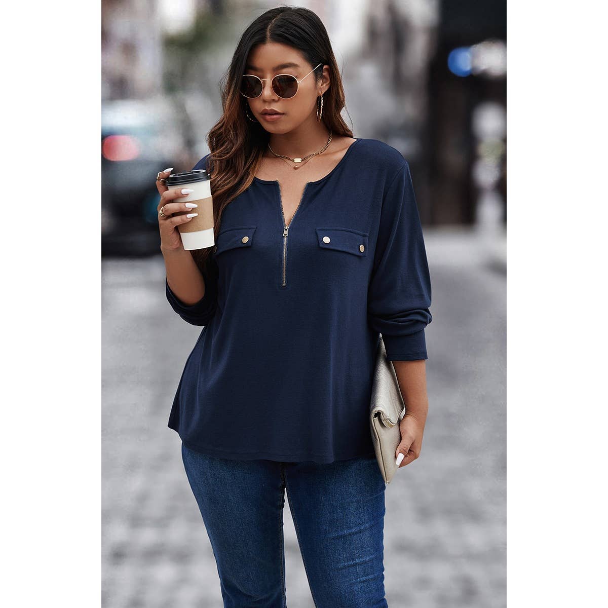 Solid Plus Size Zipper Button Trim Loose Fit Top