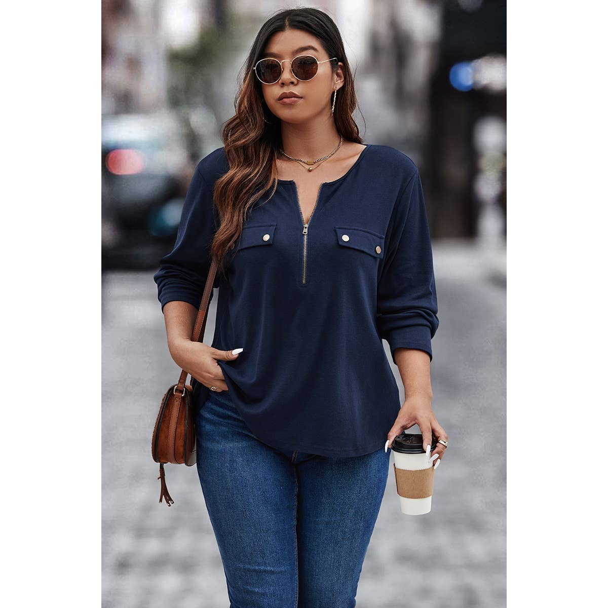 Solid Plus Size Zipper Button Trim Loose Fit Top
