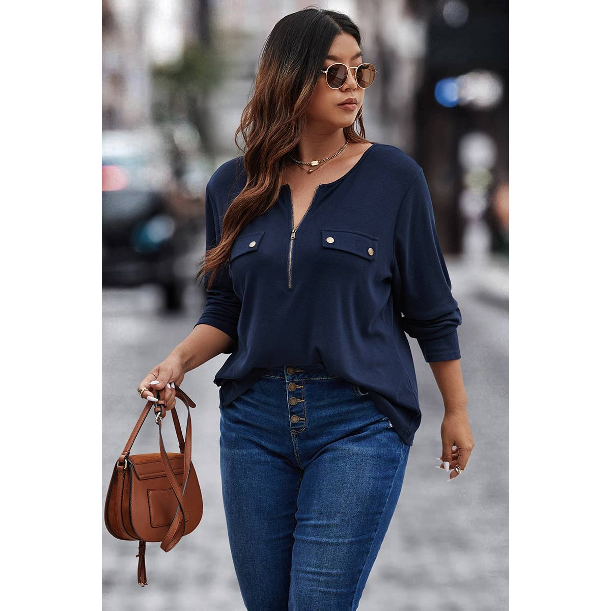 Solid Plus Size Zipper Button Trim Loose Fit Top