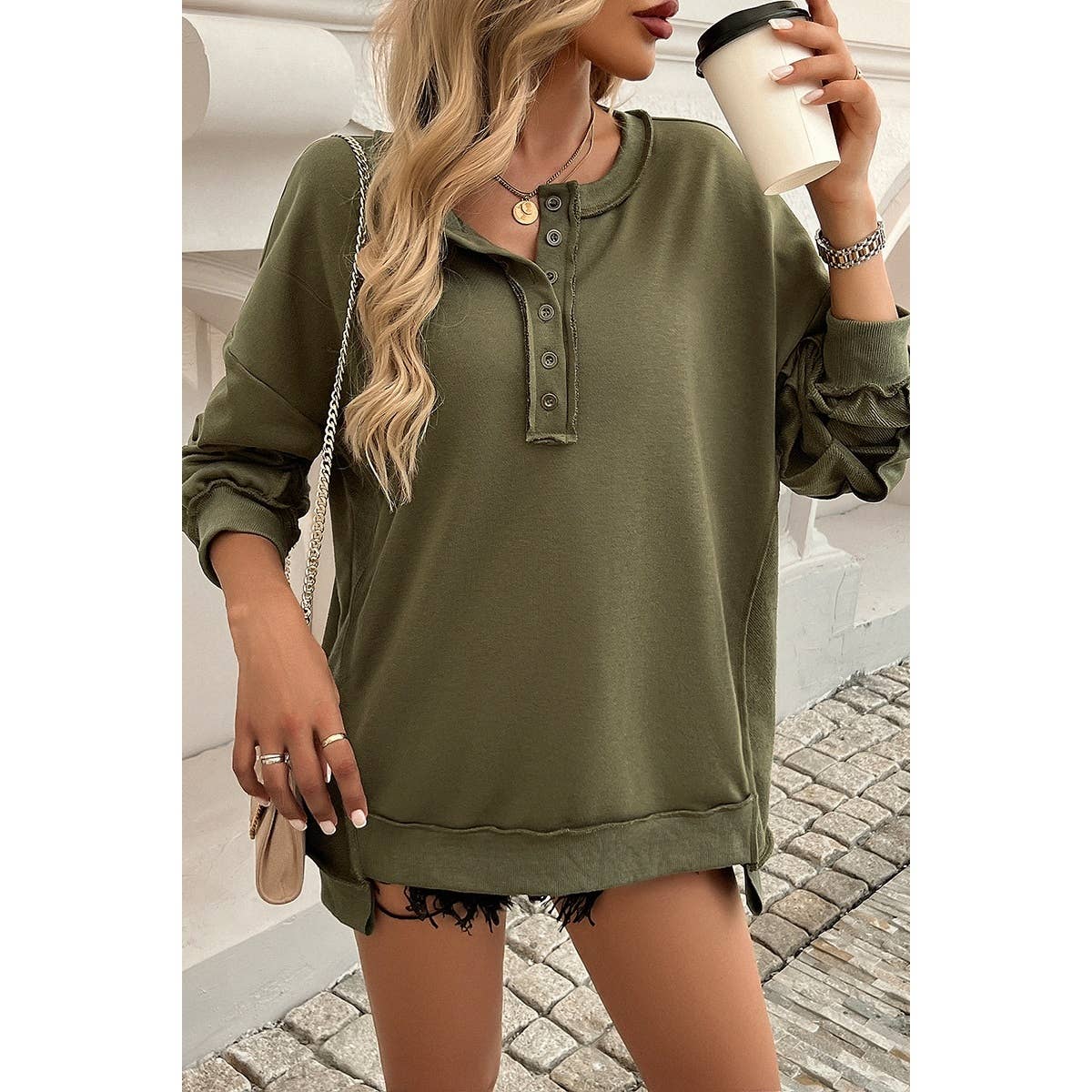 Solid Round Neck Button Drop Shoulder Sweatshirt