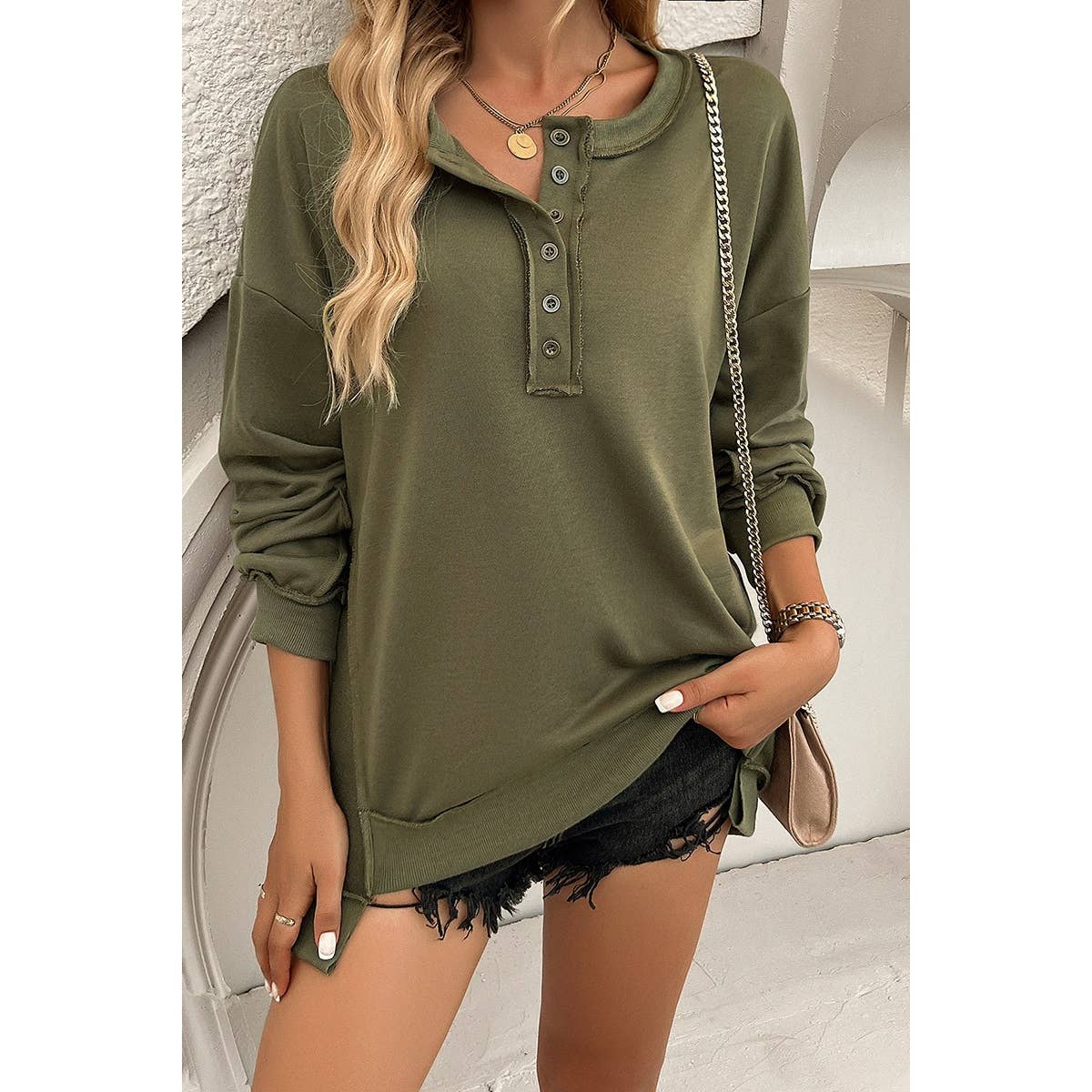 Solid Round Neck Button Drop Shoulder Sweatshirt