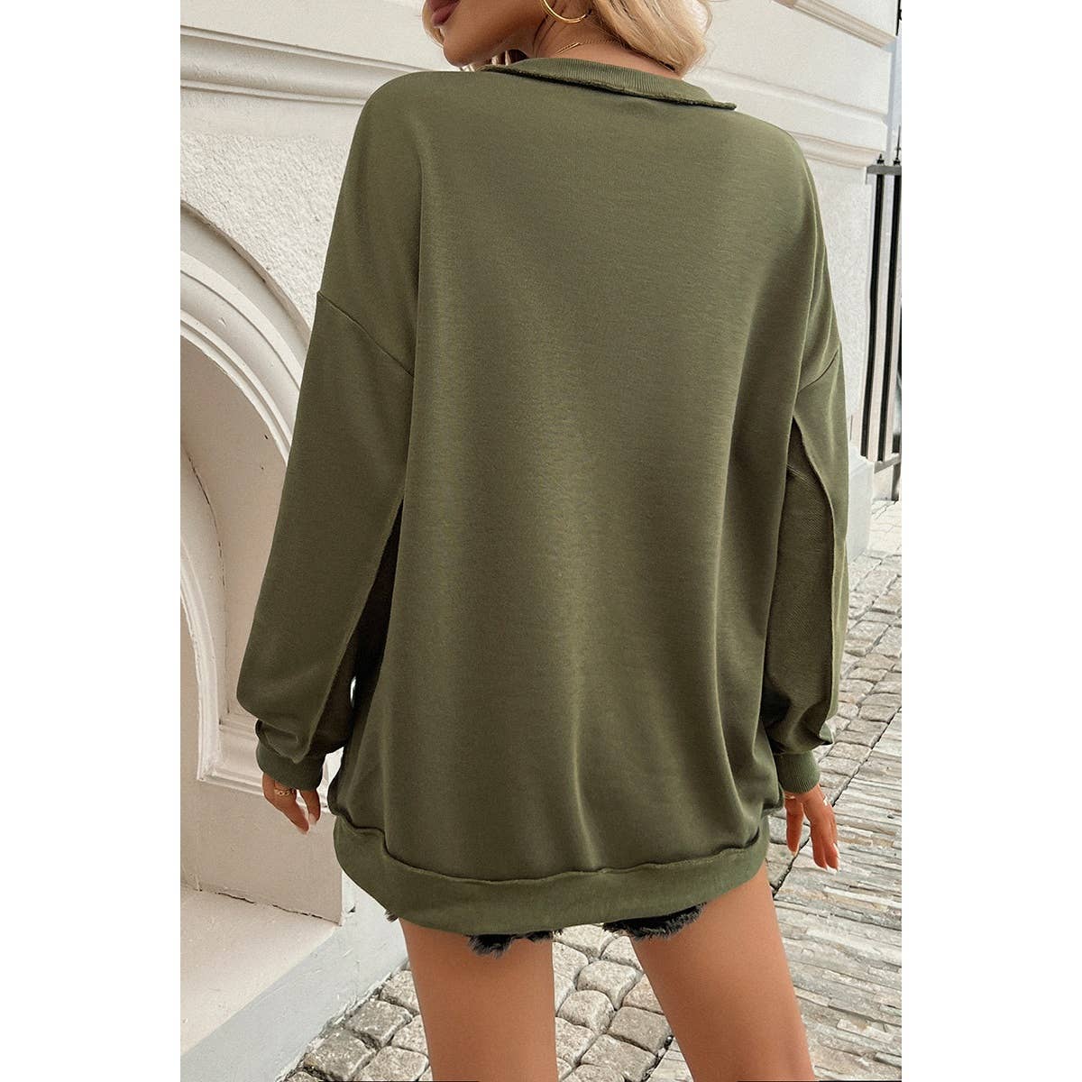 Solid Round Neck Button Drop Shoulder Sweatshirt