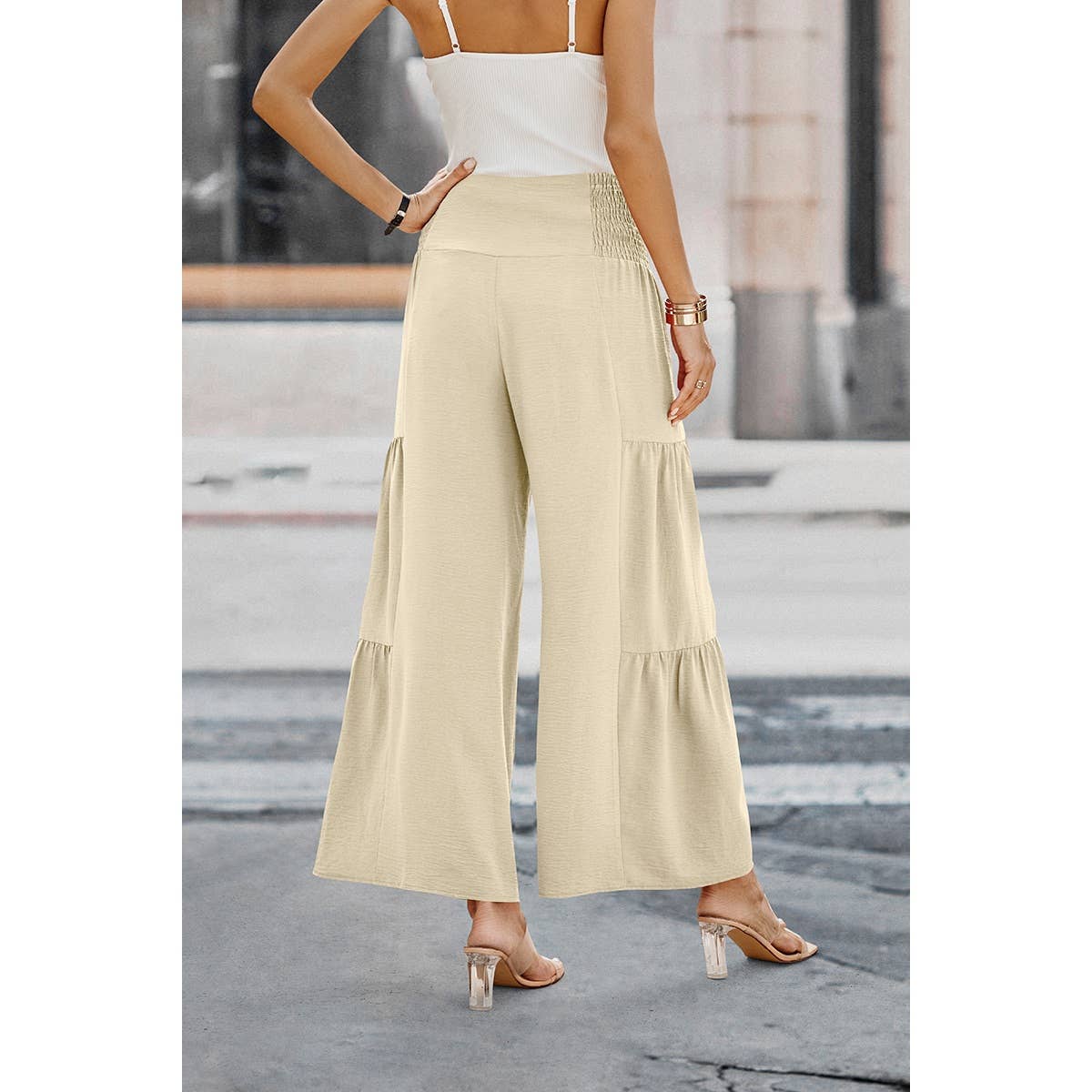 Solid Ruffle Button Wide Leg Pant