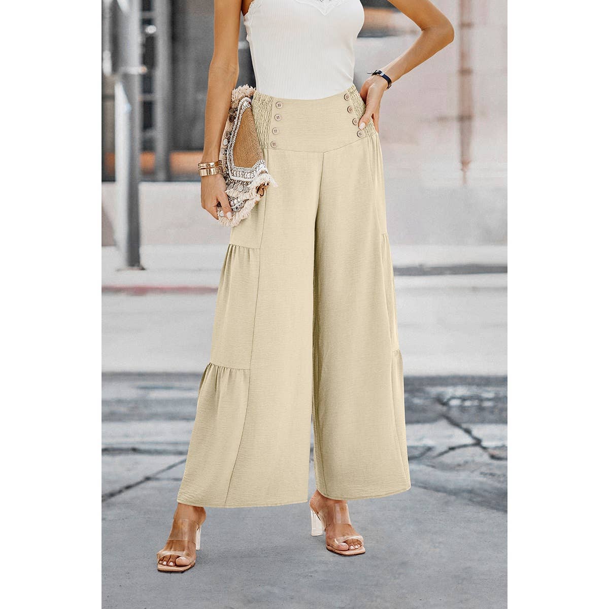 Solid Ruffle Button Wide Leg Pant