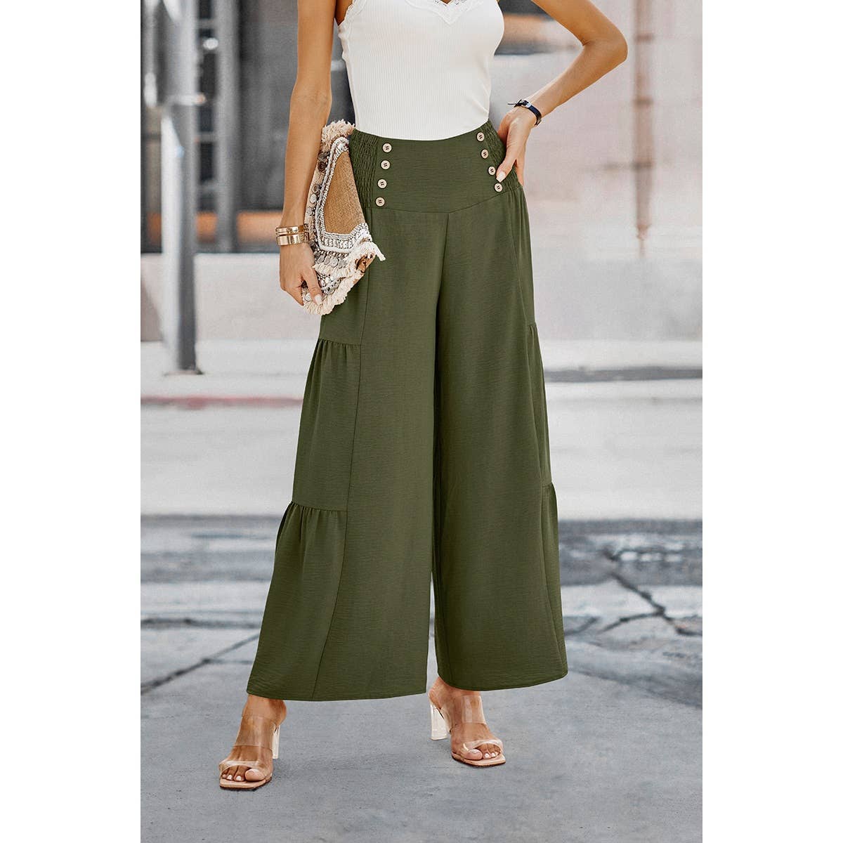 Solid Ruffle Button Wide Leg Pant