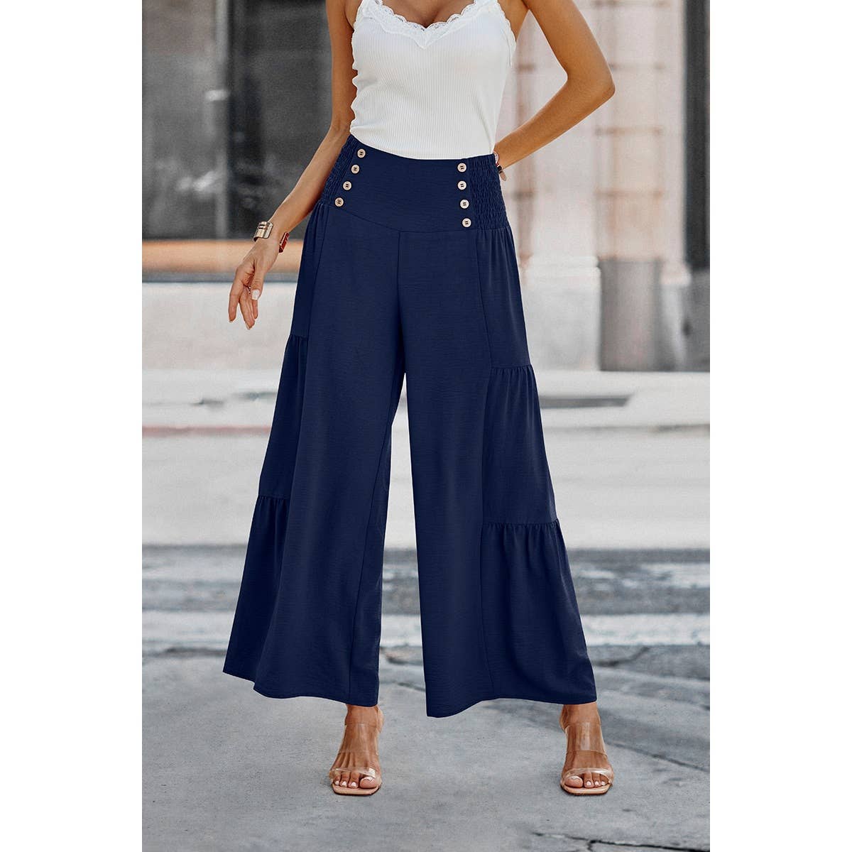 Solid Ruffle Button Wide Leg Pant