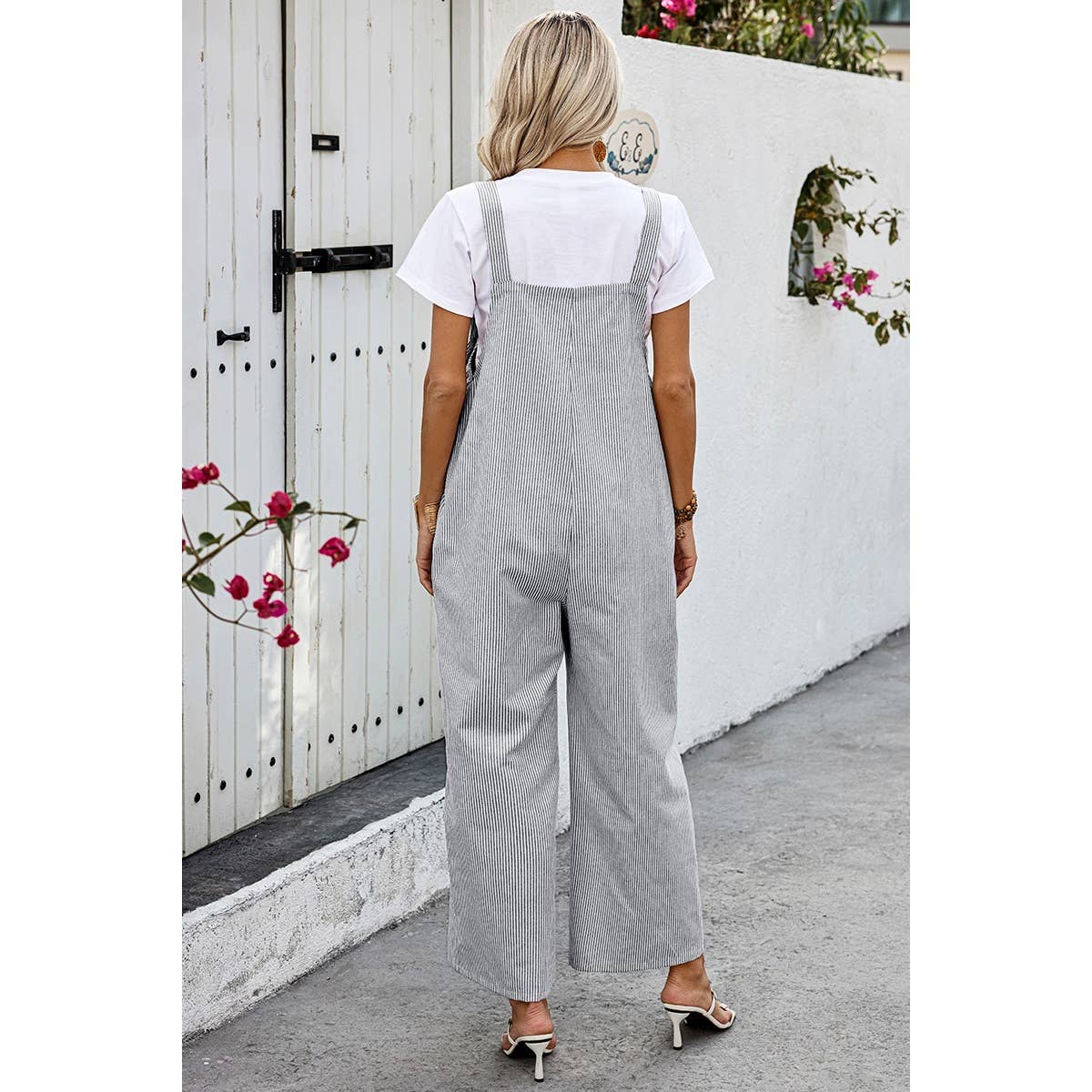 Solid Square Neck Button Trim Pockets Jumpsuit
