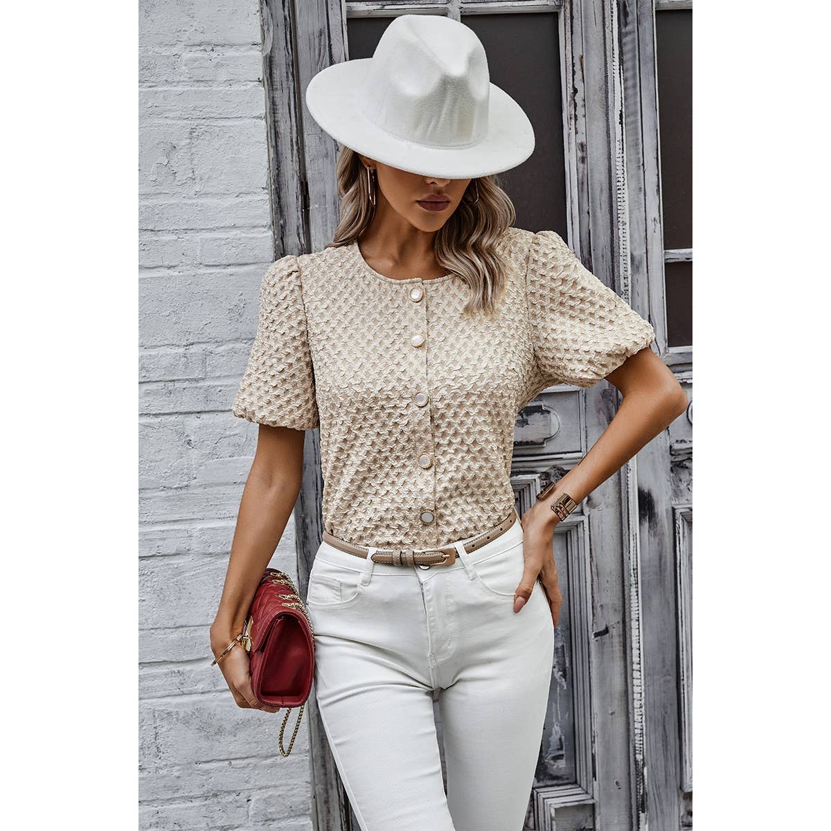 Solid Textured Pearl Button Puff Sleeve Shirt