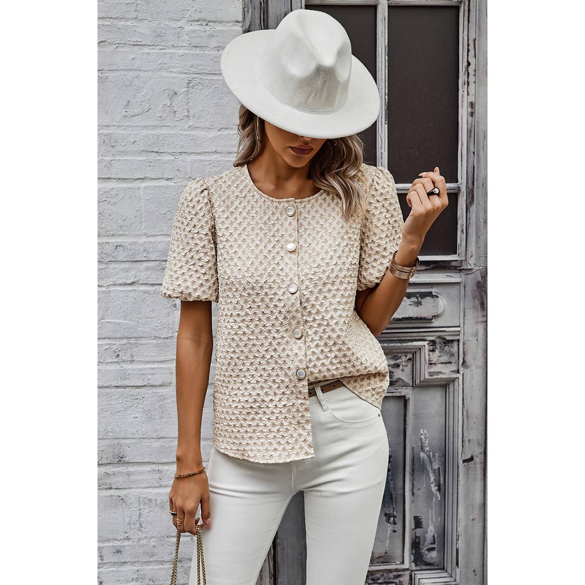 Solid Textured Pearl Button Puff Sleeve Shirt