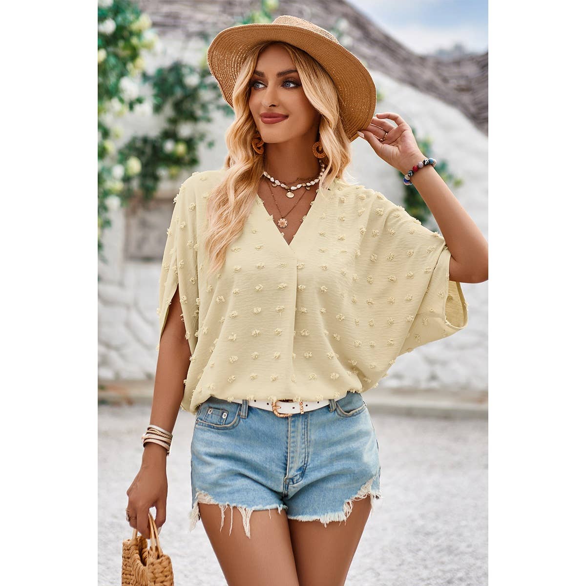 Swiss Dot V Neck Loose Half Sleeve Blouse - Elings