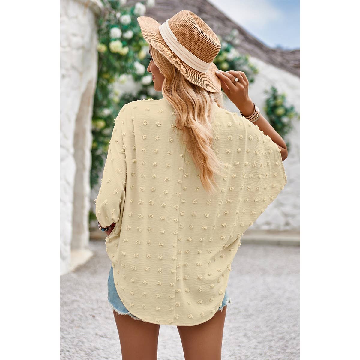 Swiss Dot V Neck Loose Half Sleeve Blouse - Elings