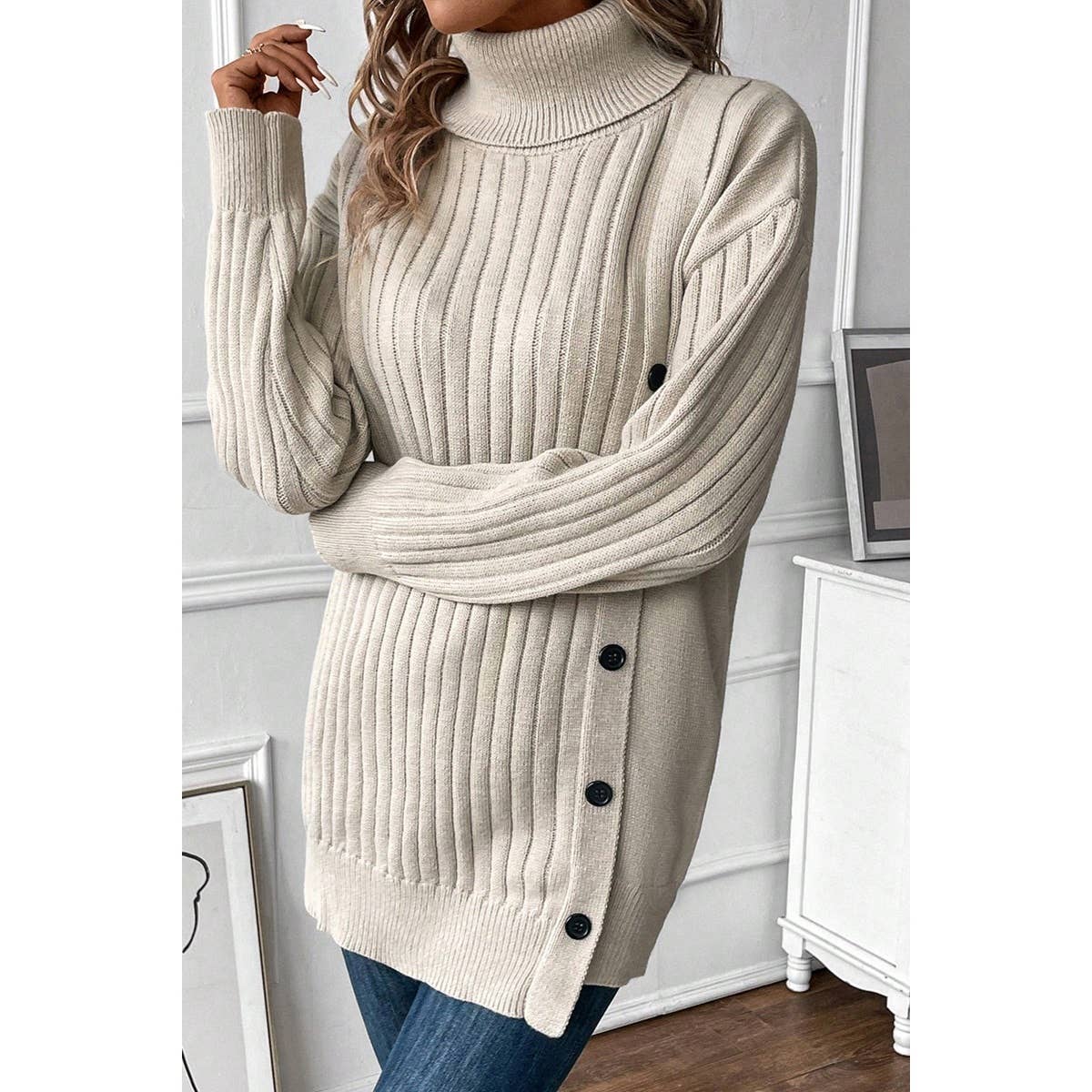 Turtle Neck Button Down Decor Pullover Sweater | Knit Sweater - Women's | F, new arrival, shoppe247, SWEATER, Sweaters | Elings