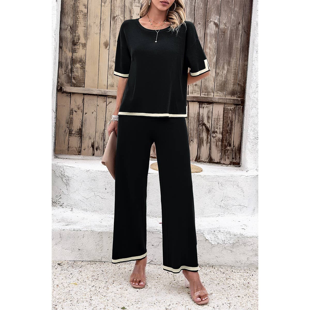 Two Pieces Round Neck Fit Blouse And Pants Sets