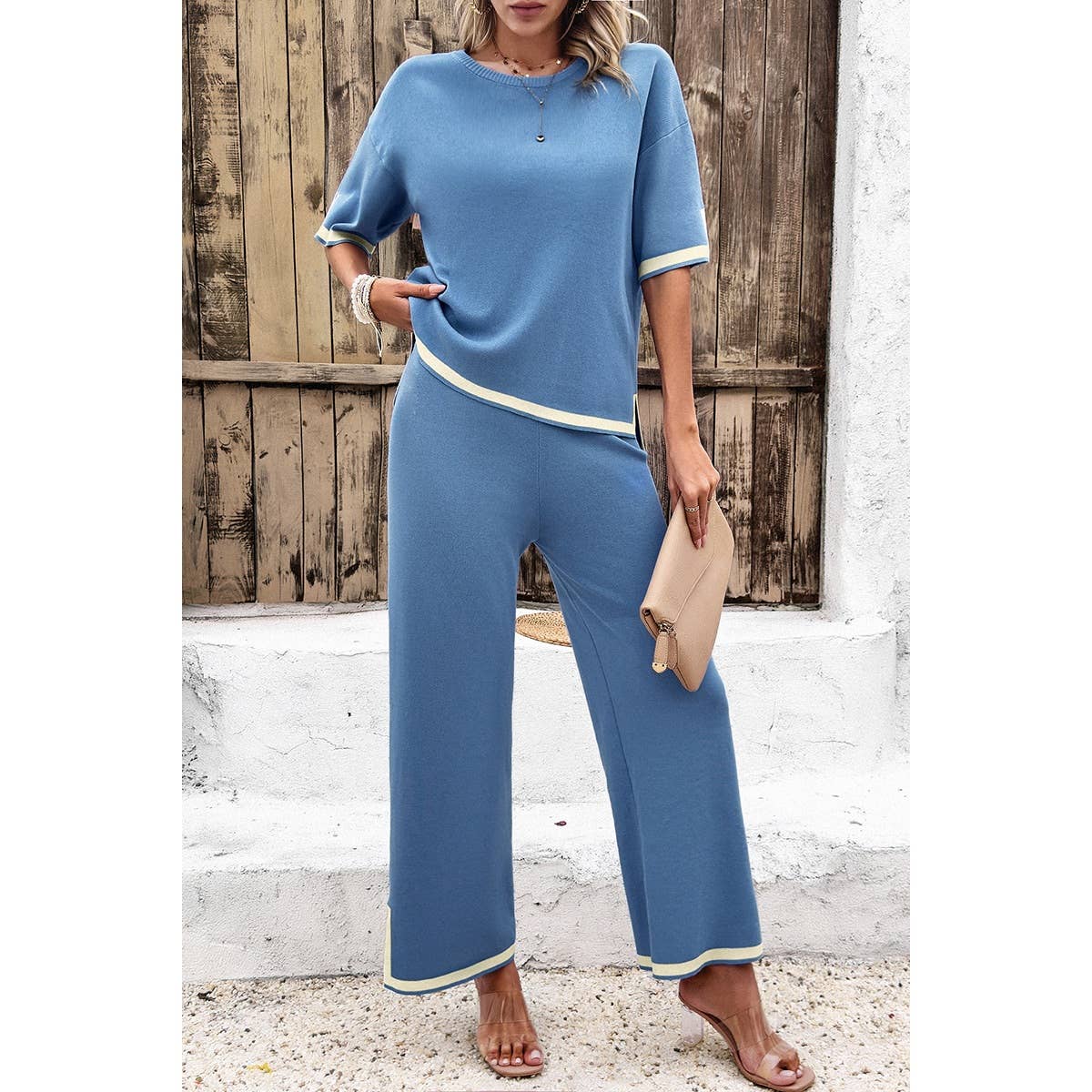 Two Pieces Round Neck Fit Blouse And Pants Sets