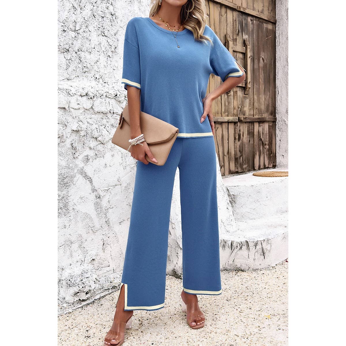 Two Pieces Round Neck Fit Blouse And Pants Sets
