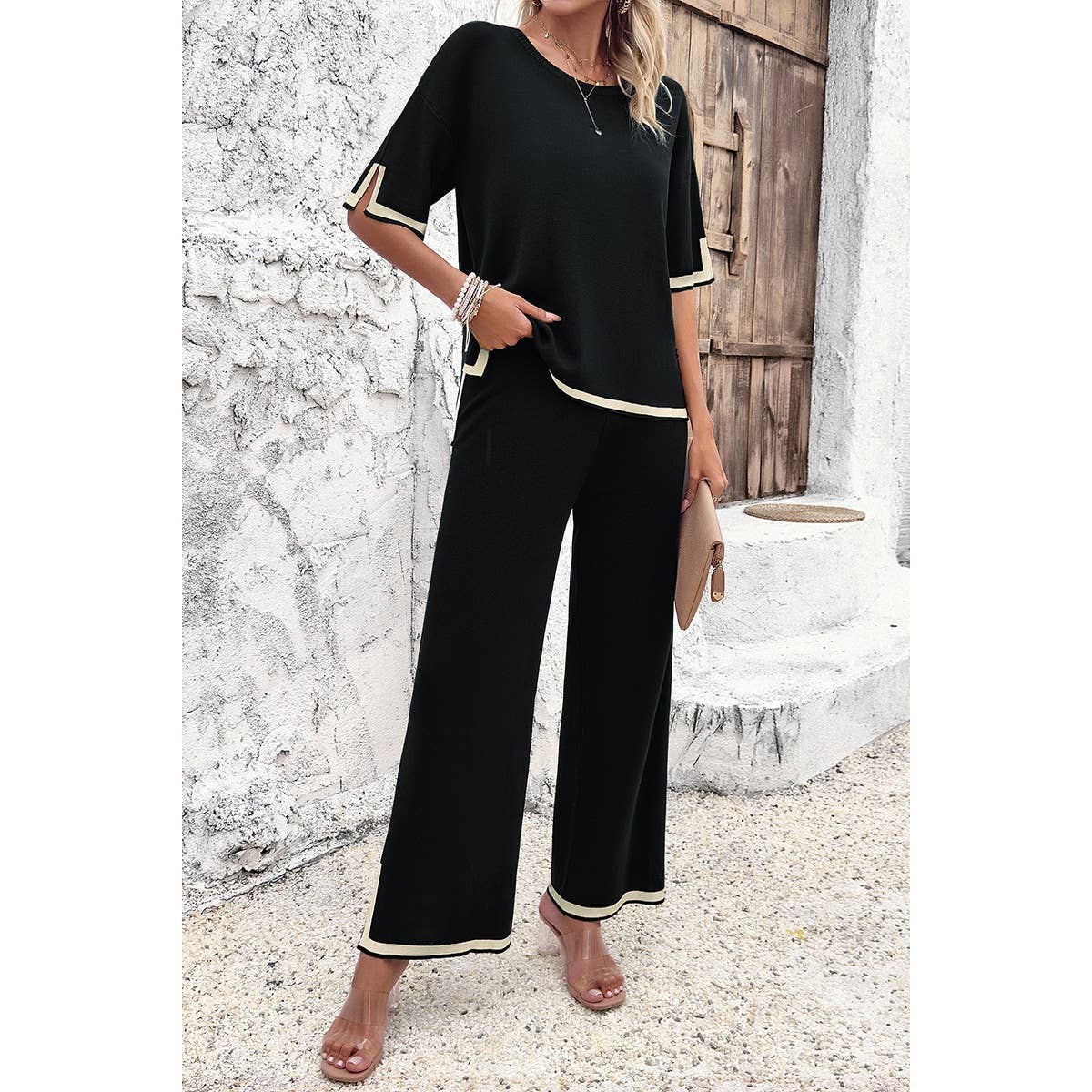 Two Pieces Round Neck Fit Blouse And Pants Sets