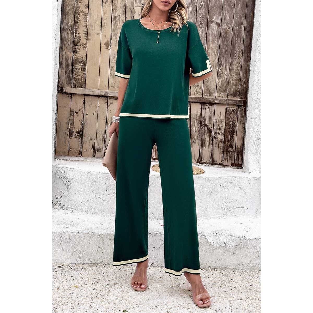 Two Pieces Round Neck Fit Blouse And Pants Sets